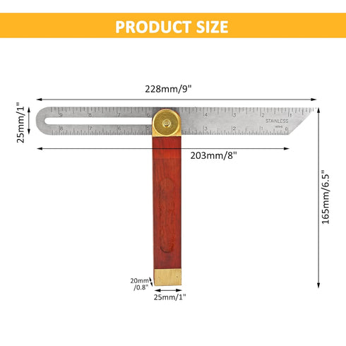 9 Inch Multi Angle Sliding T-Bevel Angle Ruler Protractor, 360 Degree Adjustable Ruler Gauge Measurement Tool with Hardwood Handle (Metric & Imperial Marks)