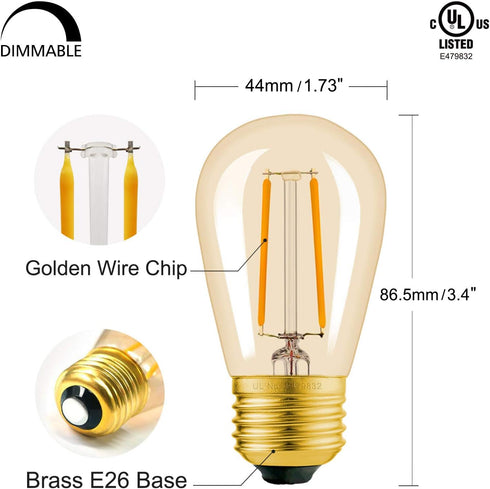 Hizashi 15 Pack S14 Replacement Light Bulbs, 2W=25 Watt Outdoor Edison Bulbs Dimmable E26 Base, Amber 2200K S14 LED Bulbs, Outdoor String Lights Bulbs Replacement, Shatterproof Waterproof, UL Listed by Hizashi
