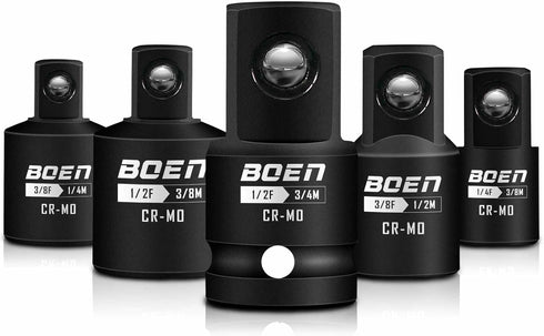 BOEN 5 Piece Impact Socket Adapter Set: Standard SAE, 1/4", 3/8", 1/2" Drive Socket Adapter Set, CR-MO Steel Impact