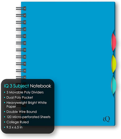 iScholar iQ 3 Subject Poly Cover Double Wire Notebook, College Rule, 9.5 x 6.5 Inches, 120 Sheets
