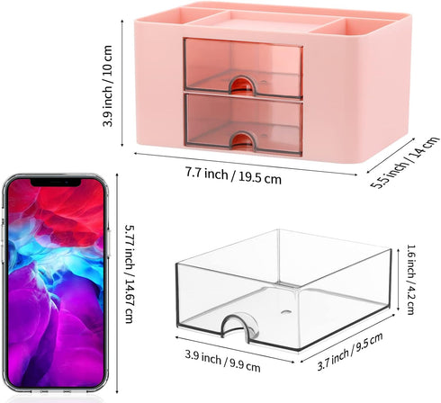 LETURE Desk Organizer with 2 Drawer, Plastic Desktop Pen Pencil Card Holder Storage Box for Desk, Office Supplies, Vanity Table Office School Home (Pink) by LETURE