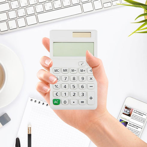 Small Desk Calculator for Kids, Pocket Solar Calculator, Home Office Supplies, Cute Standard Calculator (White)
