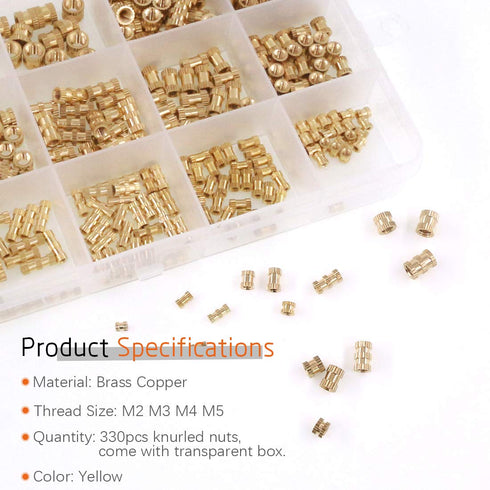 330Pcs Metric Female Thread Brass Knurled Threaded Insert Nuts Assortment Kit M2 M3 M4 M5