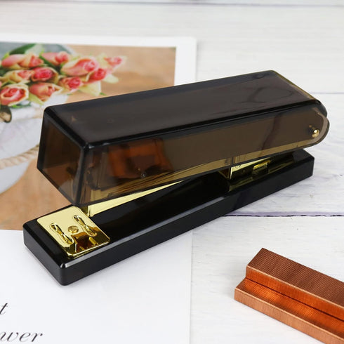 Buqoo Black Gold Acrylic Stapler and Tape Dispenser Set, 1-Inch Core Tape Holder, 6.3 Inches Fabric Scissors