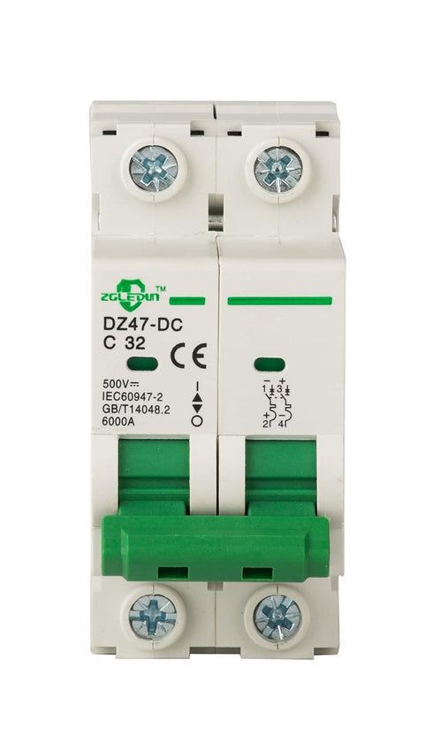 DC Miniature Circuit Breaker, 12V-250V, 2 Pole 32A Mini Home Circuit Breaker, DIN Rail Mount