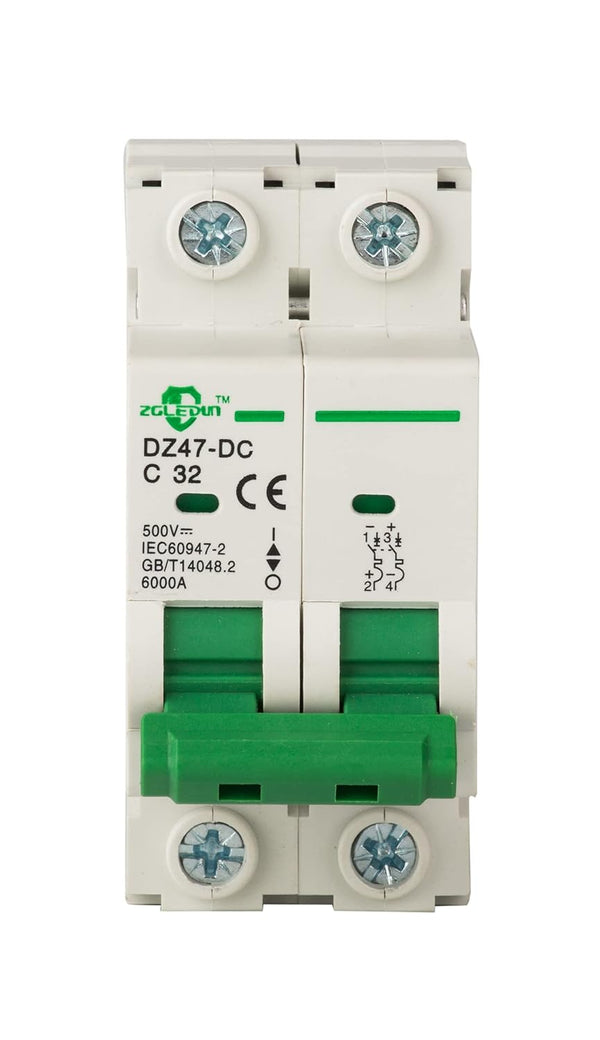 DC Miniature Circuit Breaker, 12V-250V, 2 Pole 32A Mini Home Circuit Breaker, DIN Rail Mount