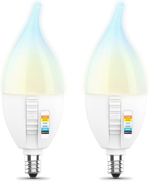 CA10 Bulb 40W Dimmable, 6-Way, 5CCT, E12 90 450 Bulb, 22-Year CFF40/6WYCA/2, 2 Pack Feit Electric LED Candle Flame Tip