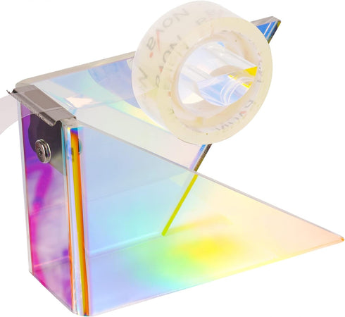 Iridescent Acrylic Tape Dispenser with Sharp Stainless Steel Sawtooth for 1 Inch Roll, Colorful Clear Office Desktop