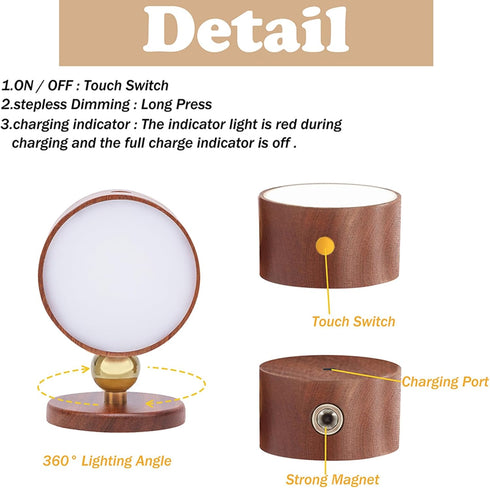 1-Pack 360 Dimmable LANDGOO Wood Wall Sconce, Sapele Wood Magnetic Rotatable Cordless Bedside Lamp, Rechargeable & LED