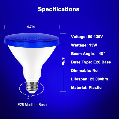 Par38 Bulb 15W(100Watt Bulbs, E26 Bulbs 2 Pack LED Blue Light - Equivalent) Blue LED Light Base Flood Light Perfect