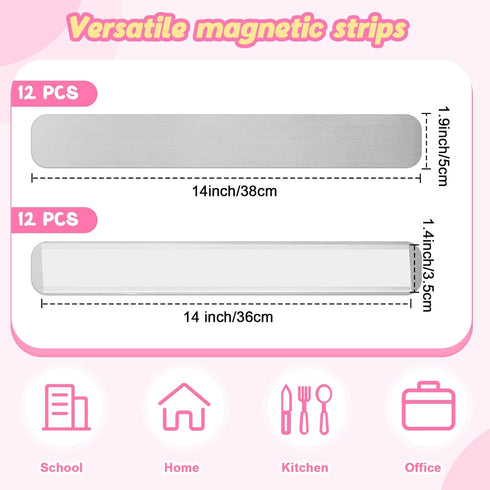 Blulu 12 Pcs Magnetic Metal Strips for Bulletin Board, Stainless Iron, Adhesive Backing, Silver, Home Office School