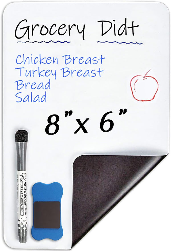 INMORVEN Small White Board, 8"x6" Magnetic Dry Erase Menu Planner for Fridge, Grocery List with Markers and Eraser