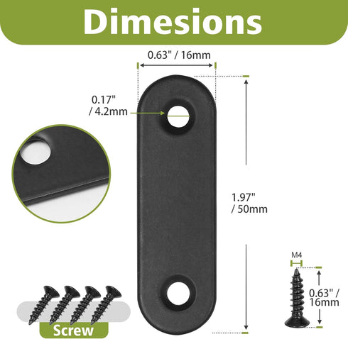 16Pcs Flat Bracket, Stainless Steel Straight Brace, Black Straight Corner Brace with Screws - 50 x 16 x 2mm
