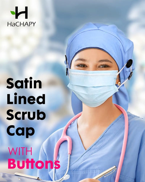 4 Satin Lined Scrub Cap for Women Extra Large Long Hair Surgical Nurse Cap Buttons