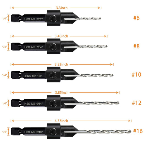 5-pc Woodworking Countersink Counterbore Drill Bit Set 3in1 for #6 8 10 12 16 Screws, M2 Pilot Drill Bits Adjustable Depth, 82-Degree Chamfer with Stop, 1/4 Hex Shank, includes 2 Allen Wrenches