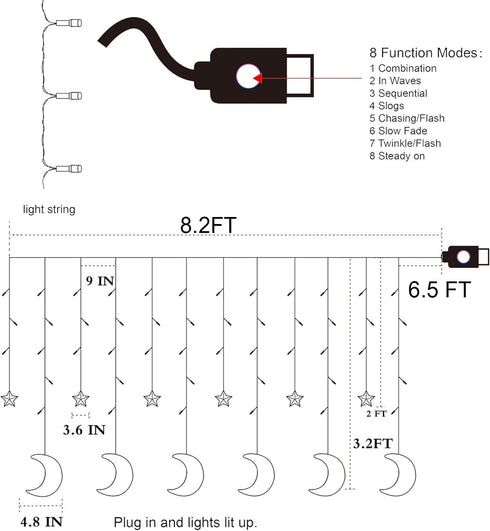 138 8.2ft 3.2ft 8 Dazzle Bright Ramadan Curtain String Lights, LED x Warm White Star Moon Lighting Modes Fairy Lights