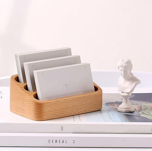 Wood Business Card Holder Desk - 3 Grids Wooden Business Card Display Stand for Office and Home (3 Packs)