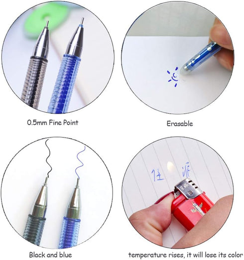 QTQYQJ Erasable Gel Pens - 6 Pack Heat Erase Pens for Fabric, 0.5mm Fine Point Refillable Ball Pen