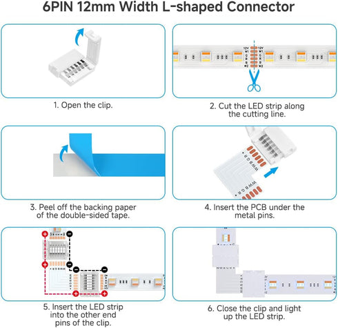 6Pin 12mm 6 60LED/m BTF-LIGHTING SMD LED Connector Kit Pin L Splitter Right Angle Corner,T Shape,Solderless Gapless