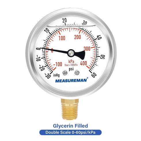 MEASUREMAN 2-1/2" Dial Glycerin Filled Pressure Gauge, 30inHG-60psi, 304 Stainless Steel Case