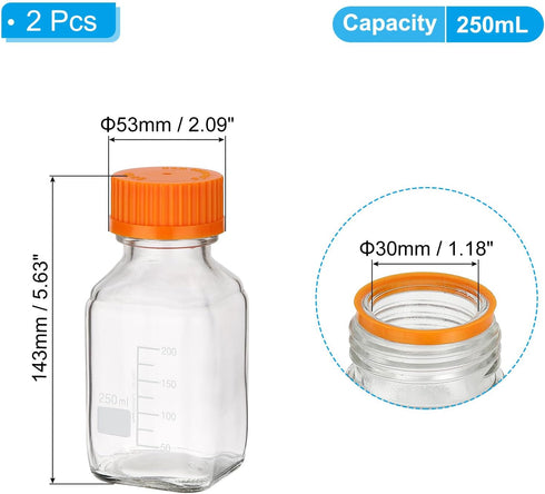 PATIKIL 2 Pack Reagent Media Storage Bottles, 250ml Borosilicate Glass Square Graduated Round Bottles with Orange GL32 Screw Cap for Lab Water Reagent Liquids, Clear by PATIKIL
