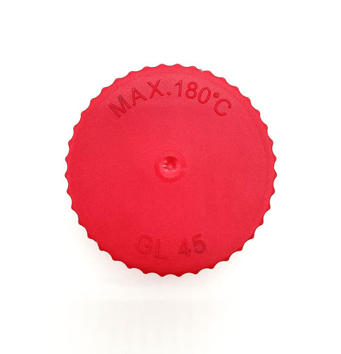GL45 PBT Screw Caps for Lab Media Bottles, Pack of 4 with Internal Molded Seal Ring, 180?, Red