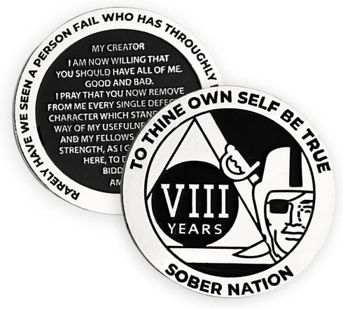 MYRECOVERYSTORE Silver and Black Pirate Alcoholics Anonymous AA Chip with Coin Capsule, 1-50 Years