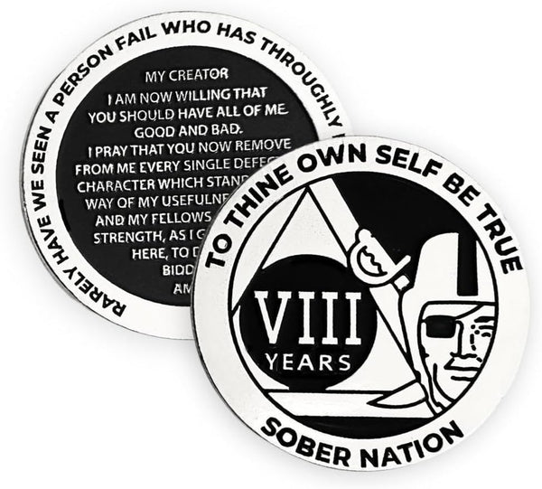 MYRECOVERYSTORE Silver and Black Pirate Alcoholics Anonymous AA Chip with Coin Capsule, 1-50 Years