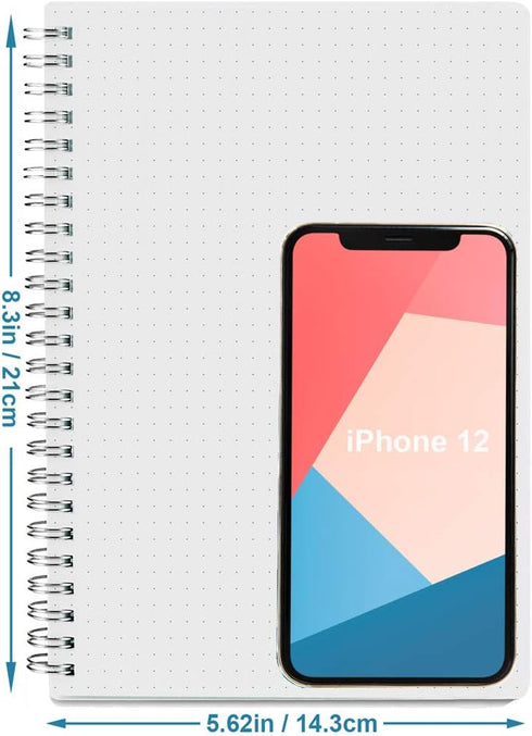 Spiral Dot Grid Notebook - A5 Bullet Dotted Journal, 80 Sheets / 160 Pages, 100gsm White Paper, Transparent Cover
