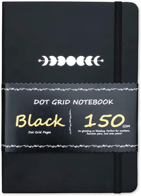 Bullet Dotted Journal, A5 PU Leather Hardcover, 160 Black Pages, 150gsm No Bleed Paper for Women and Men, Gift Box