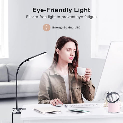 LED Desk Lamp with Clamp for Home Office, Dimmable Clip-On Light with USB Port, 3 Color Modes, Flexible Gooseneck