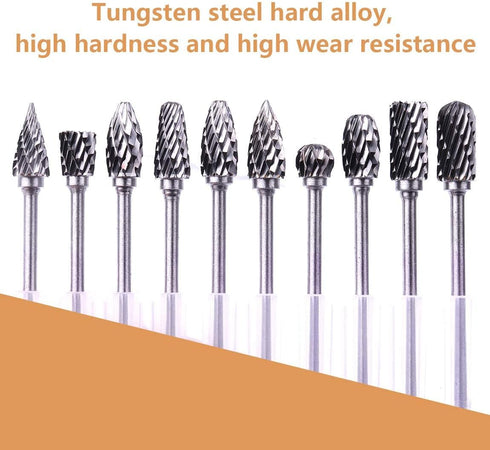 ATOPLEE 10pcs Carbide Burr Set, 2.35mm Shank Tungsten Steel Double Cut Rotary Tool for Woodworking, Drilling, Metal