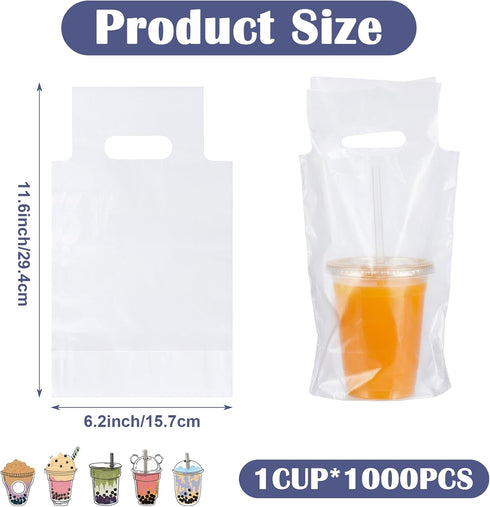 Caeuiciw 1000 6.2 11.6 Inch PCS Clear Cup Carrier for Delivery, Plastic Bag with Handle Single Cup Bag Holder Carrier