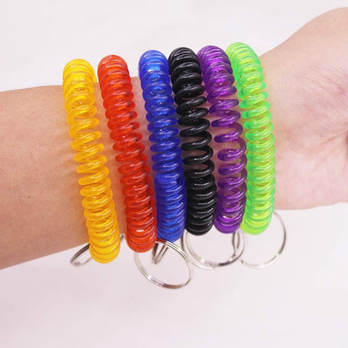 SENHAI 12 pcs Wristband Keychains & 6 pcs Key Tags, Plastic Coil Stretch Elastic Spring Bracelet Key Ring