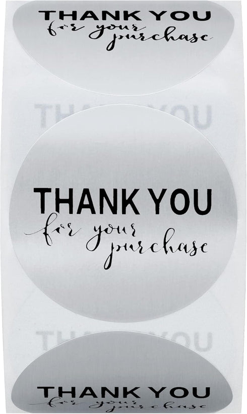 Hybsk Silver Foil Thank You for Your Purchase Stickers - 1.5" Round, 500 Labels per Roll (Silver)