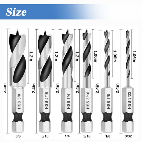 6Pcs Brad Point Drill Bits Stubby Set for Wood | 4241 High Speed Steel Spiral Twist Bit 1/4" Quick Change Hex Shank