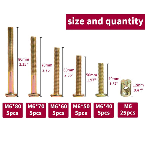 AXK 25-Set M6x40mm/ 50mm/ 60mm/ 70mm/ 80mm Baby Bed Crib Screws Hardware Replacement Kit, Hex Drive Socket Cap Screws