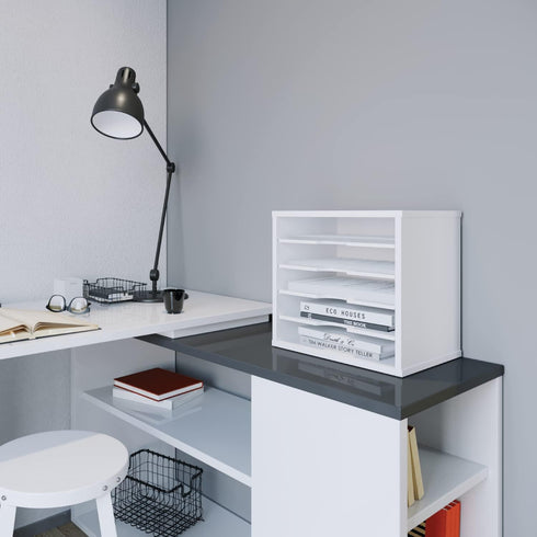Ballucci File Organizer Paper Sorter, 5 Tier Adjustable Shelves Office Desk Organizer (White)