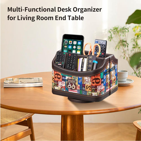 PUSU Colorful Pattern Remote Control Holder, PU Leather 360° Rotatable Nightstand Organizer for TV Remotes/Office