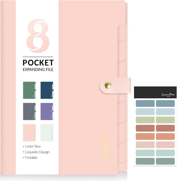 Sooez 8 Pocket Elegant Accordion File Organizer, Portable Pink Document Folders with Labels for School Office Supplies