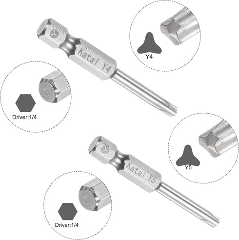 Y4-Y8 Tri-point Screwdriver Bit Set, 1/4" Hex Shank, 2" Length Magnetic Y Type Power Tool