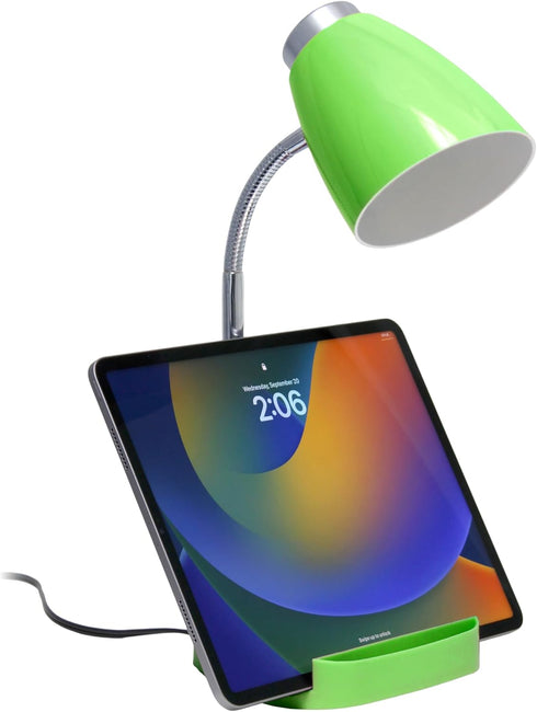 LD1067-GRN Simple Designs Compartmental Desk Lamp with iPhone/iPad/Tablet Stand, Bendable Gooseneck, for Office, Living