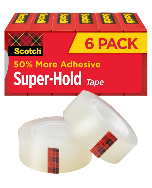 Scotch Super-Hold Tape, 6 Rolls, Transparent Finish, 50% More Adhesive, 3/4 x 1000 Inches, Boxed
