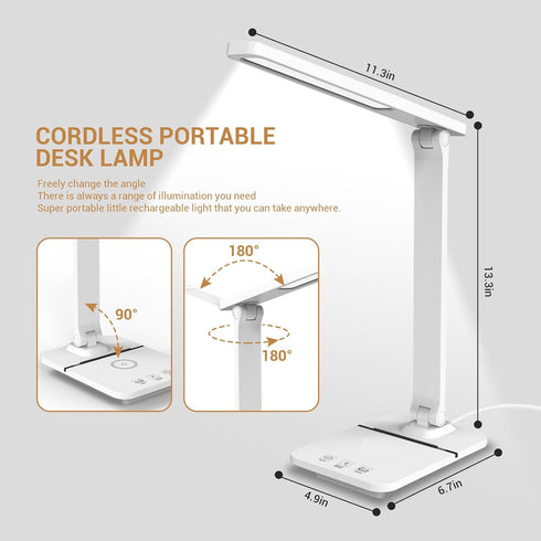 Cordless LED Desk Lamp, 6000mAh Rechargeable Battery Operated Light, Eye-Caring Reading Lamp for Students, 3 Modes