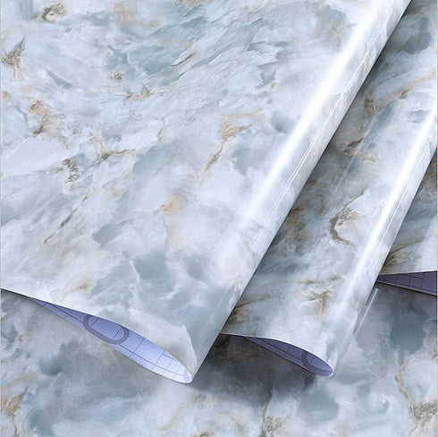 Amao Light Blue Marble Paper Removable Wallpaper Film, Self-Adhesive Granite Kitchen Peel Stick Backsplash Tile
