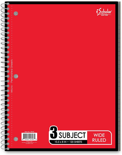 iScholar 3-Subject Wirebound Notebook, 120 Sheets, Wide Ruled, 10.5 x 8-Inches, Cover Color May Vary