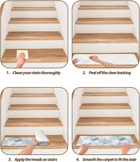 LBCASA 4 8 30 Inch Stair Treads Non Slip Indoor for Wooden Steps, Coastal Crab Pcs Stair Mats for Kids Elders Dogs, x
