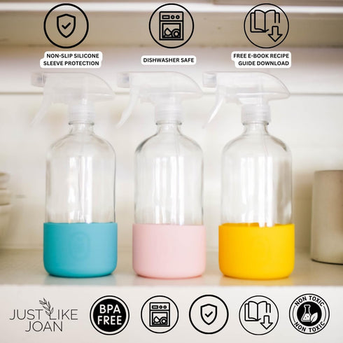 Glass Spray Bottles 16 oz with Silicone Sleeve, Clear Glass for Cleaning Solutions, Essential Oils, Food Safe