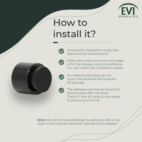 EVI Stainless Steel Door Stoppers | Adhesive and Screw Fastening Door Handle Stopper, Black, 1.1 x 1.1 Inch