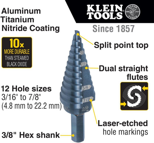 Klein Tools KTSB14 Step Drill Bit #14, Double-Fluted, 3/16 to 7/8-Inch with Easy-to-Read Markings